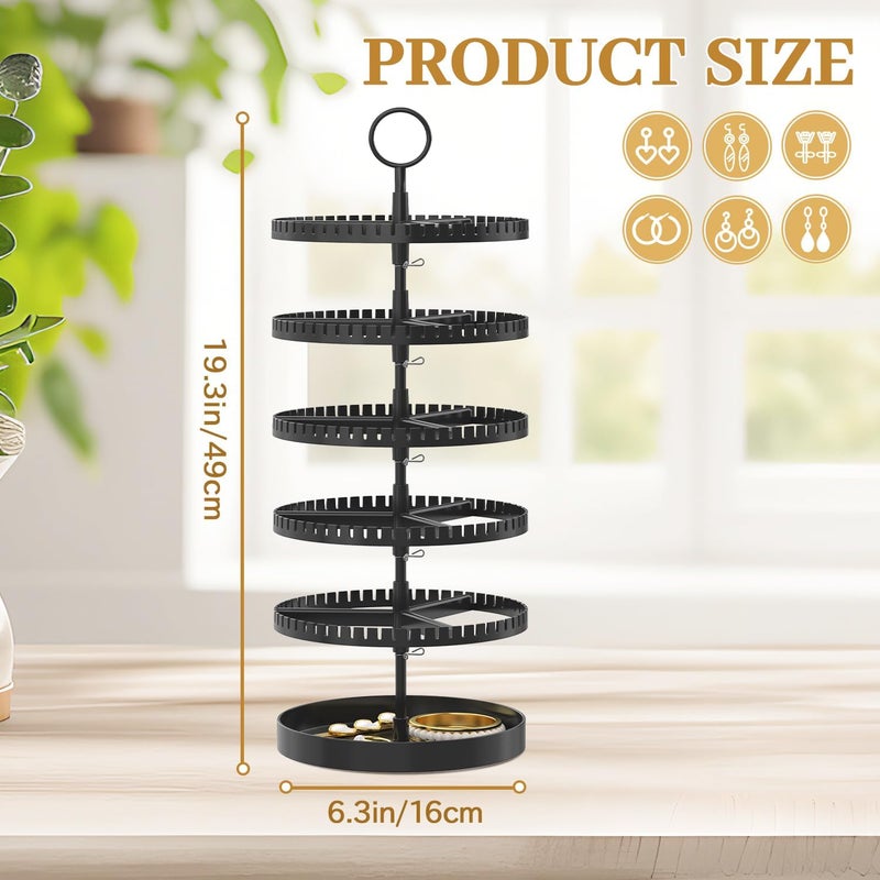 MODOWEY 5 Tier Rotating Earring Holder Organizer Display Tree with Metal Tray, Adjustable Plastic Stand with 285 Slots for Stud Hoop Hanger, Large Capacity Storage Rack for Women Space Saving, Black - Image 3